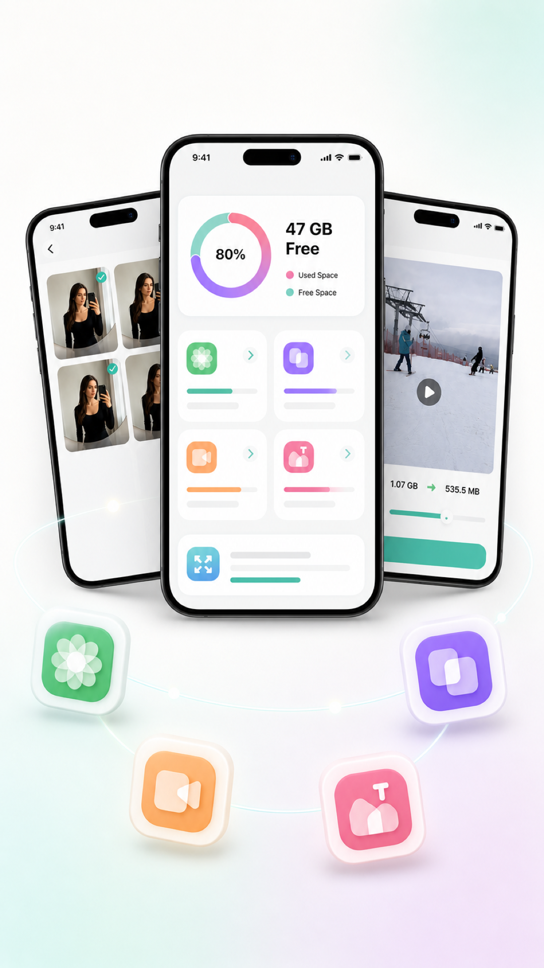 Max Cleaner features displayed on three iPhones